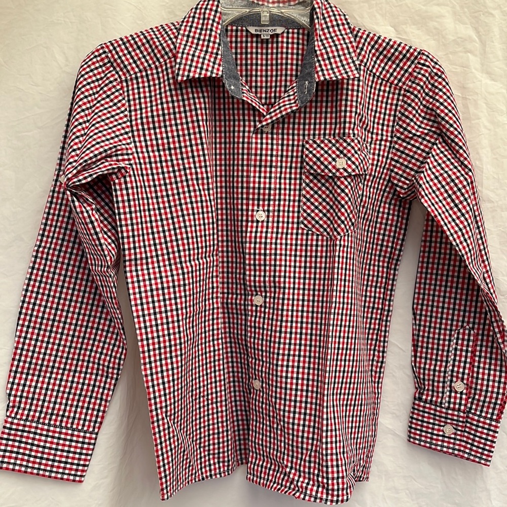 Bienzoe Red & Blue Plaid Button Down boys shirt. Sleeves can be rolled up.